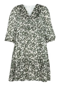 Robe fleurie en vert et blanc, dotée d'un col en V, de manches bouffantes, de détails froncés au niveau du buste et d'une jupe à volants.
