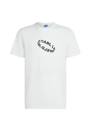 T-shirt di cotone bianco a maniche corte, con un logo di testo curvo nero che recita "KARL LAGERFELD" sul davanti.