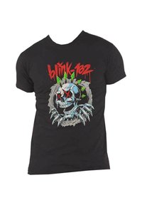 Black cotton t-shirt featuring a colorful skull graphic with green arrows and spikes, designed for the band Blink-182.