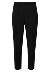Svarta skräddarsydda byxor med elastiskt midjeband, med rakt ben och diskreta framfållar, tillverkade av ett lätt tyg.
