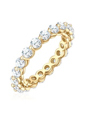 Zlatna prsten s okruglim prozirnim kamenjem postavljenim u povezani dizajn, s poliranim završetkom i izmjenjivim veličinama kamenčića.