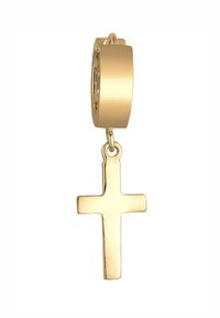 Orecchino a cerchio d'oro con charm a croce pendente. Superficie liscia e riflettente; design semplice; forma minimalista; finitura lucida.