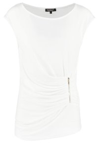 Biała bluzka z krótkim rękawem, z okrągłym dekoltem, w kształcie drapowanego materiału oraz dekoracyjnym zamkiem błyskawicznym z boku. Gładka tkanina z lekkim streczem.