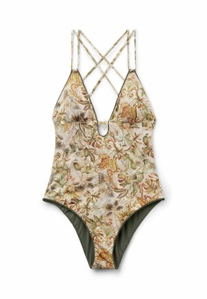 Bañador de una pieza con estampado de hojas tropicales, escote profundo en V y tirantes cruzados en tonos tierra.