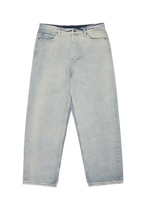 Šviesiai mėlyni džinsai iš džinso medžiagos, laisvo kirpimo, su penkiomis kišenėmis, užsegami mygtuku ir užtrauktuku, su pastoviu audinio išblukimu.