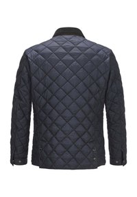 Quilted Jacke in dunklem Marineblau. Verfügt über ein Rautenmuster, einen schwarzen Kordkragen und Druckknopfverschlüsse an den Ärmelbündchen und am Saum. Glatte Textur.