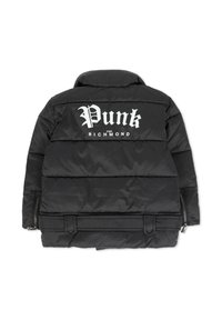 Giacca a vento nera con colletto alto, zip frontale e la parola "Punk" in bianco bold sul retro, con cinturini regolabili.