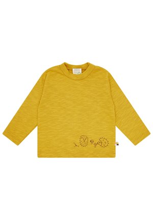 Mustard yellow long-sleeve shirt with a textured pattern and illustrated hedgehogs and mushrooms on the lower front. Round neck design.