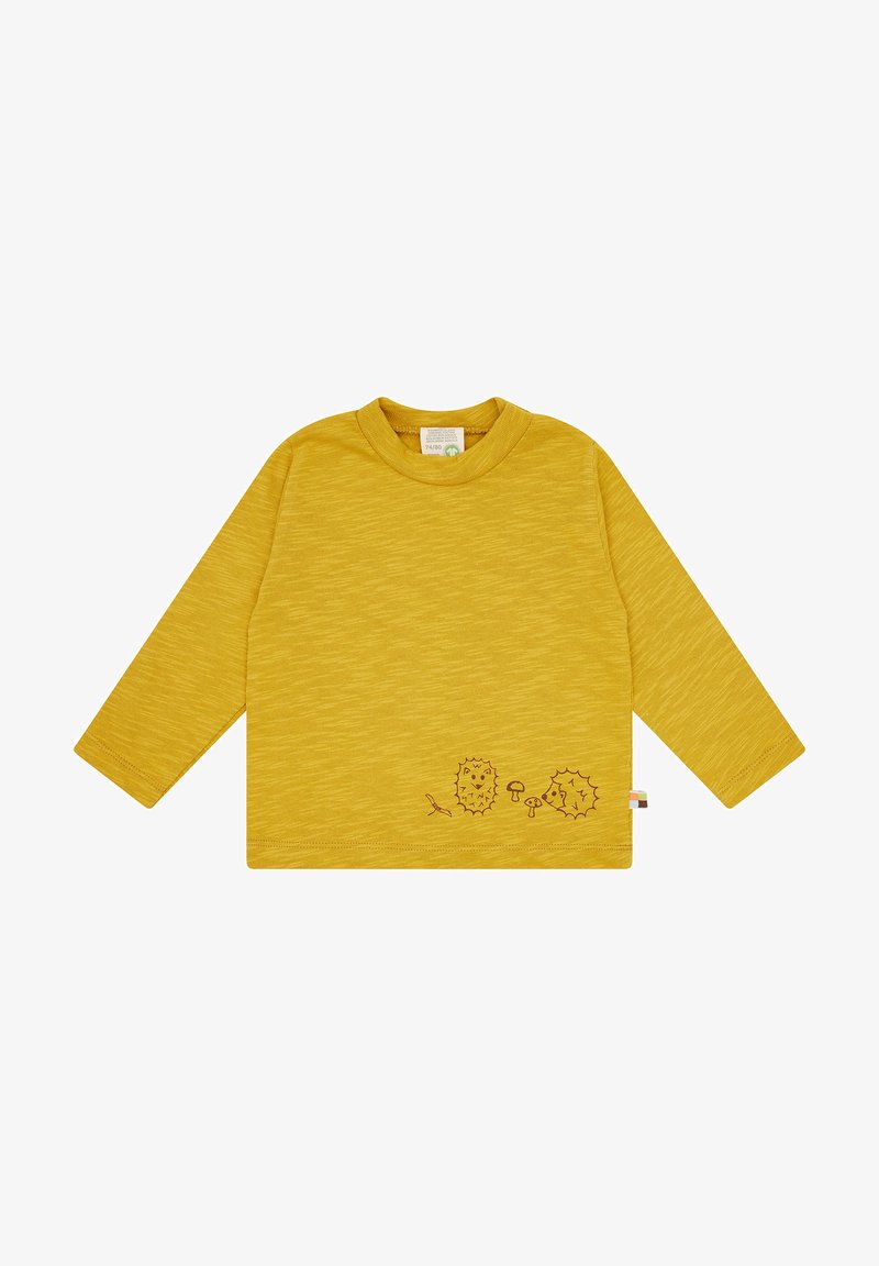 Senfgelbes Langarmshirt mit strukturiertem Muster und illustrierten Igeln sowie Pilzen auf der unteren Vorderseite. Rundhalsausschnitt.