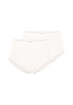 White cotton high-waisted underwear, featuring a smooth texture and elastic waistband, with a label positioned at the front center.