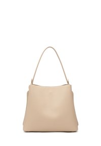 Beige leren handtas met een gladde textuur, enkele gebogen handgreep en een ruime open bovenkant. Gebogen silhouet met subtiele naaddetails.