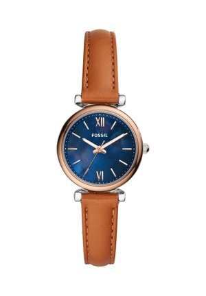 Runde Uhr mit blauem Zifferblatt, Roségoldgehäuse, römischen Ziffern bei 12 und 6 und braunem Lederarmband, zeigt die Zeit 10:11:36 an.