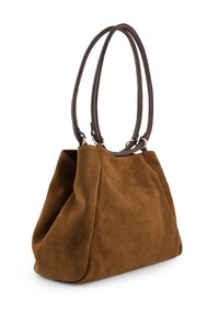 Braune Wildleder-Tote mit doppelten dunkelbraunen Griffen, einer weichen Form und subtiler Textur. Verfügt über goldfarbene Beschläge an den Verbindungen der Griffe.