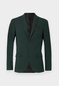 Dark green blazer with two buttons, notched lapels, and a single chest pocket. Interior features a black lining. Smooth fabric texture.
