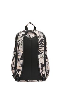 Backpack with a black base and floral pattern in shades of cream and light pink. Features padded mesh back and dual adjustable straps.