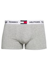 Gray cotton boxer shorts featuring a white waistband with black text, branded "TOMMY HILFIGER," smooth texture and a fitted design.