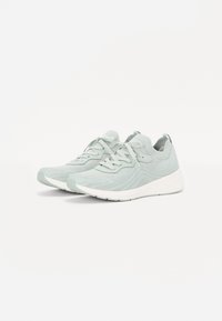 Light gray knitted fabric running shoes with white thick soles and laces, positioned side by side on a white background.