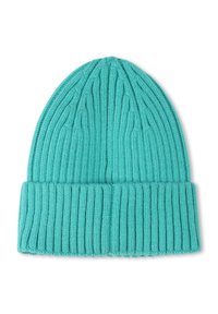 Un bonnet en tricot turquoise avec une texture côtelée, doté d'un large revers plié et de lignes verticales à travers le tissu.