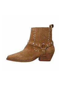 Brown suede ankle boot with pointed toe, studded accents, slim strap, and block heel. Vertical ribbing on sides, textured surface.