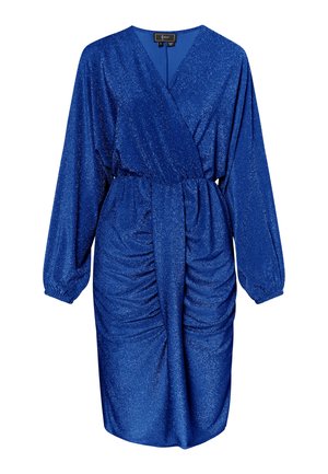 Blå, glitrende omslagskjole med lange ærmer, samlede sider og v-udskæring. Glat tekstur og blødt stof for en komfortabel pasform.