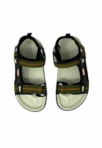 Sandali neri e verdi con cinturini regolabili, una soletta testurizzata e dettagli bianchi. Design leggero adatto per attività all'aperto.