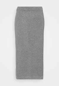Jupe crayon grise longueur genou avec taille ajustée et texture subtile, présentée sur fond blanc uni.