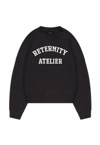 Sort sweater med rund halsudskæring og løs pasform. Har hvidt trykt tekst "RETERNITY ATELIER" på brystet. Ribbet manchetter.