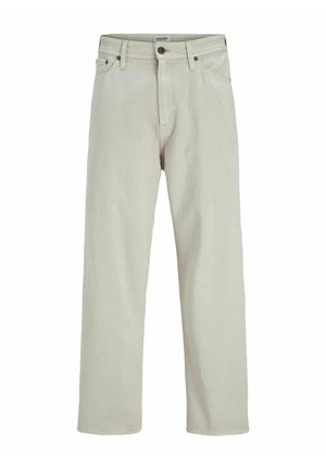 Jeans en denim beige clair avec une coupe droite, style cinq poches et fermeture à bouton à la taille, comportant des détails de couture minimalistes.