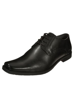 Black leather formal men's shoe with laces and a low heel, featuring smooth finish and subtle stitching details.