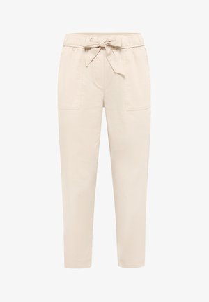 Beige konisch zulaufende Hose mit elastischem Bund und vorderer Schnürung, mit großen aufgesetzten Taschen vorne und Seitennähten.