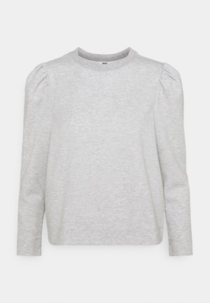 Grijze lange mouwen shirt gemaakt van een zachte katoenmix, met een klassieke ronde halslijn en poffende schouders voor een subtiele detail.