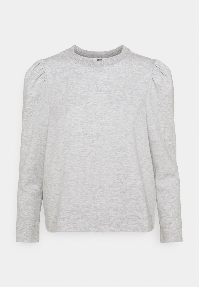 Graues Langarmshirt aus weichem Baumwollmix, mit einem klassischen Rundhalsausschnitt und gepufften Schultern für subtile Details.