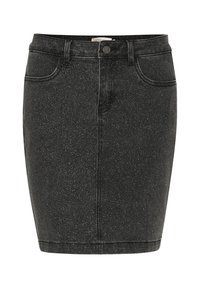 Fustă din denim negru cu o siluetă ajustată, având o textură subtilă pătăcită, buzunare frontale și un nasture unic la talie.