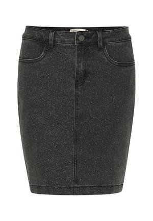 Fustă din denim negru cu o siluetă ajustată, având o textură subtilă pătăcită, buzunare frontale și un nasture unic la talie.