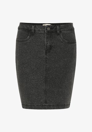 Mustmust särgiga must denim seelik, millel on liibuv siluett, peenelt täpiline tekstuur, ees taskud ja üks nööp sulgemiseks vöökoha juures.