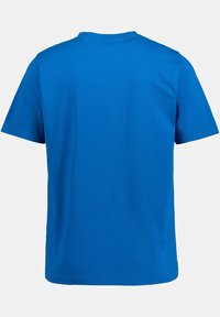 Blå bomulds T-shirt med korte ærmer og rund hals. Glat tekstur og ensfarvet design, ingen mønstre eller pynt.