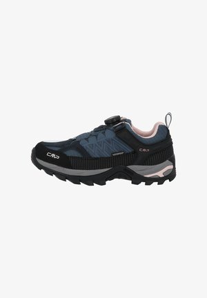 Waterproof outdoor shoe in dark blue and black. Features a textured upper, adjustable dial, and a rugged sole with prominent treads.