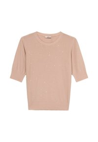 Lyserød kortærmet sweater med subtile, skinnende prikker, ribbede manchetter og kant samt en rund halsudskæring.
