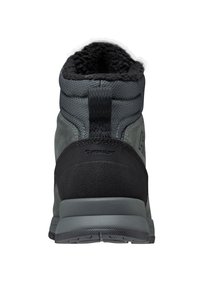 Grijze enkelboots met een combinatie van gladde en gestructureerde materialen, een dikke zwarte kraag en een rubberen zool met een profielpatroon.