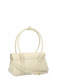 Bolso de mano de cuero sintético color crema con dos asas y una correa de hombro desmontable. Cuenta con un cierre de solapa y un diseño minimalista.