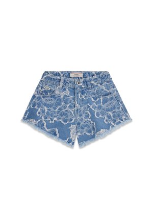 Blauwe spijkershorts met wit bloemenkantpatroon, rafelige randen, knopen aan de voorkant, lusstangen voor riem en Guess-merkenlabels op de tailleband en zak.