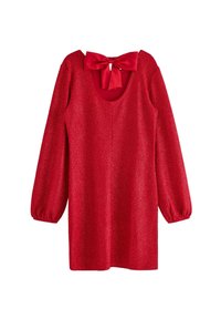 Rotes Glitzerkleid mit Rundhalsausschnitt, langen Puffärmeln und einer großen Schleifendetail auf der Rückseite. Weicher Stoff und glänzendes Finish.