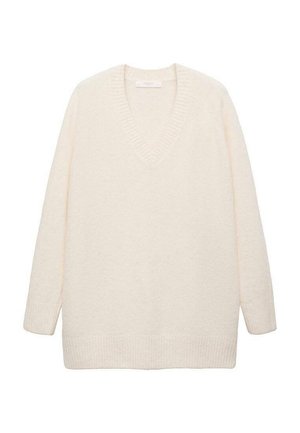 Maglione oversize di colore crema realizzato in un tessuto morbido e testurizzato. Presenta un collo a V e polsini e orlo a coste per una vestibilità rilassata.