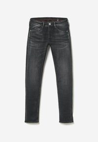 Jeans de mezclilla negra con un ajuste slim, diseño de cinco bolsillos y un lavado desgastado. Presenta una cintura est�ándar con trabillas para el cinturón y cierre de botón.