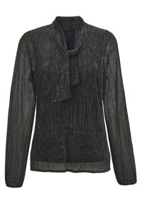 Blouse noire à manches longues en tissu texturé avec un motif rayé brillant. Dotée d'un col noué et d'une coupe ample.