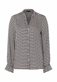 Chemise à manches longues en noir et blanc avec un motif ovale répétitif rose et blanc, dotée d'un col en V et d'une patte de boutonnage, fabriquée en tissu lisse.