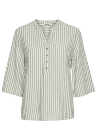 Camisa ligera de manga larga en tela a rayas verde y blanca con cuello mao, tres botones y corte relajado.