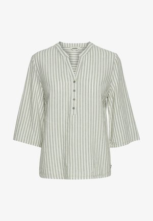 Leichtes, langärmliges Hemd aus gestreiftem grün-weißen Stoff mit Stehkragen, drei Knöpfen und lockerer Passform.