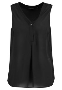 Černá bezramínková blůza s výstřihem do V, zapínáním na jeden knoflík, sklady na přední straně a hladkou, splývavou strukturou.