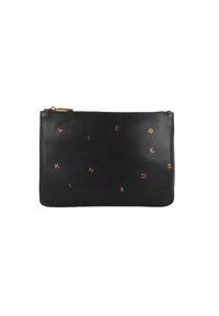 Borsa in pelle nera con lettering dorato che scrive "LIEB-KINDS" sparso sulla superficie. Presenta una zip nella parte superiore per la chiusura.